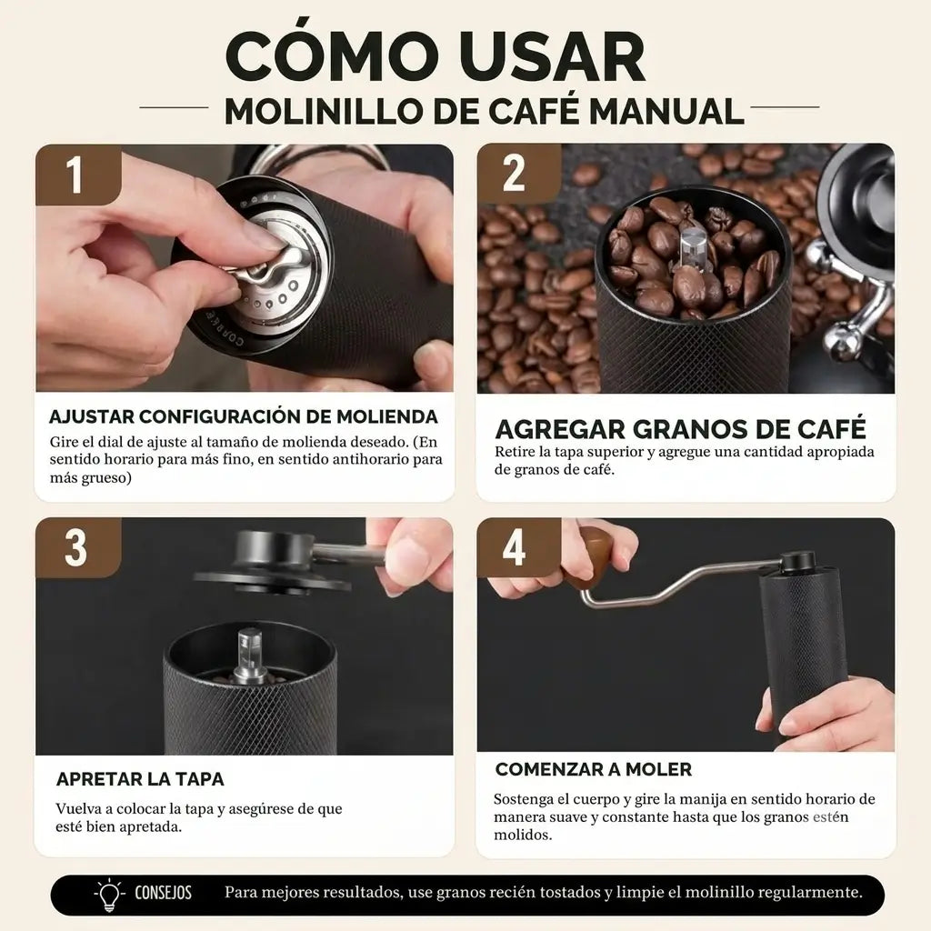 Molinillo de Café Manual Portátil en Acero Inoxidable.